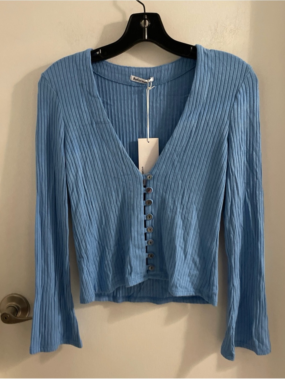 NWT Reformation medium Gellar Blue Knit bell sleeves Top sweater $78